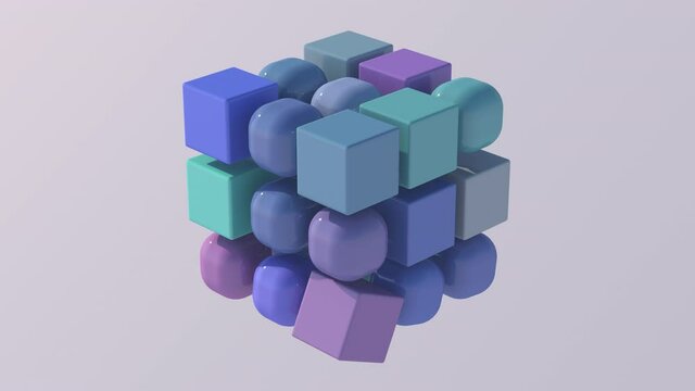 Colorful cubes and spheres morphing. Abstract animation, 3d render.