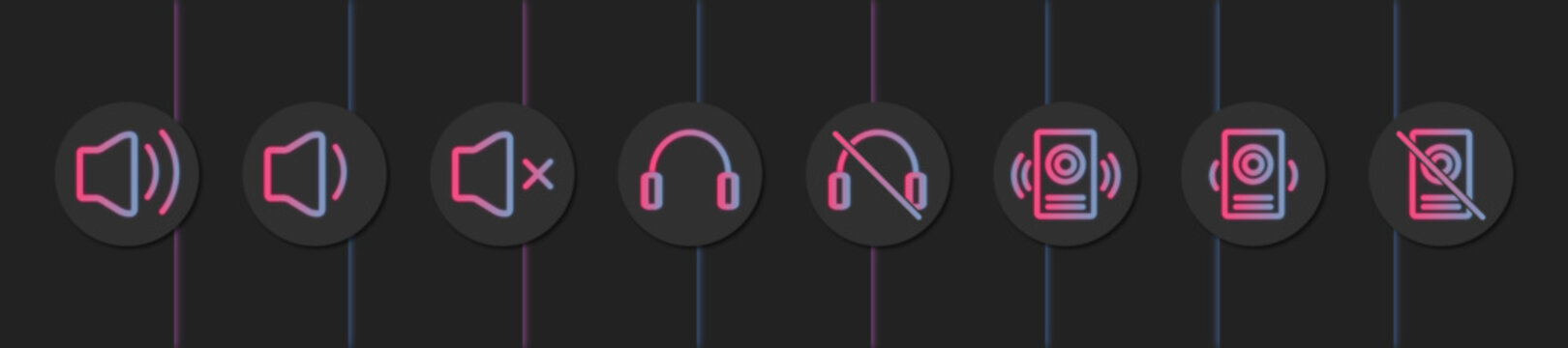 Iconos de volumen en tonos ne&oacute;n rosa y azul en fondo oscuro, ilustraci&oacute;n vectorial