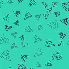 Black line Slice of pizza icon isolated seamless pattern on green background. Fast food menu. Vector