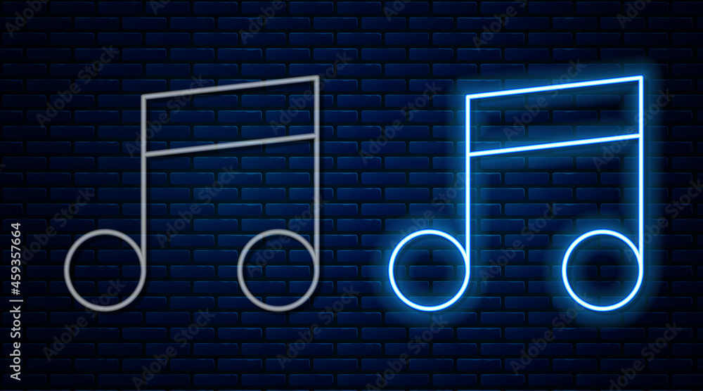 Poster Glowing neon line Music note, tone icon isolated on brick wall background. Vector