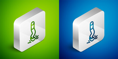 Isometric line Cigarette butt icon isolated on green and blue background. Stubbed out cigarette. Silver square button. Vector
