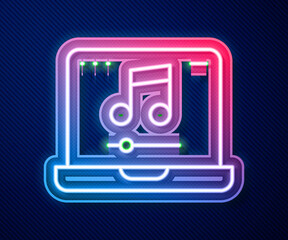 Glowing neon line Laptop with music note symbol on screen icon isolated on blue background. Vector