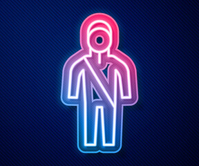 Glowing neon line Wetsuit for scuba diving icon isolated on blue background. Diving underwater equipment. Vector