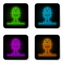 Glowing neon line Award cup and football ball icon isolated on white background. Winner trophy symbol. Championship or competition trophy. Black square button. Vector