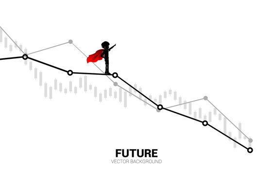 Silhouette of boy in superhero on down graph. Concept of education start and future of children.