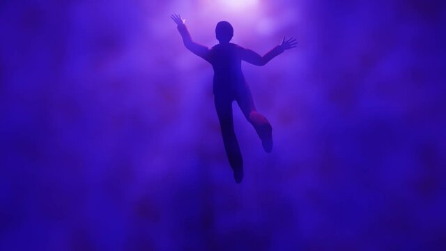 Woman floating in fog , mist. Astral plane. Clothed female floats in ethereal realm. Person's  silhouette in Volumetric light rays. 3d render animation