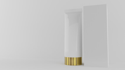 Tubo de plástico y paquete de cartón, concepto de recipientes cosméticos, mockup en fondo blanco, ilustración 3d
