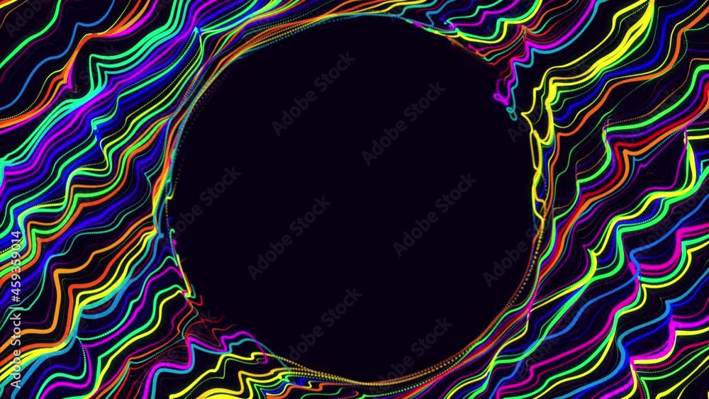 Poster particles form lines, plane with waves. abstract waves run along flat surface. round copy space for 