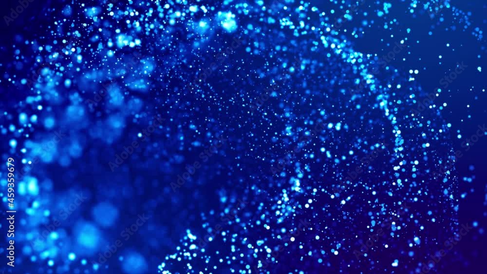 Poster magic blue glowing particles flow in viscous liquid and bright glisten. science fiction. 4k 3d sci-f