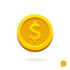 Golden coin icon. Money symbol with dollar sign. Dollar symbol. Bank payment symbol. American dollar. Golden coin. Dollar coin. Bank payment symbol. Finance. American currency. Cash money. Game coin.