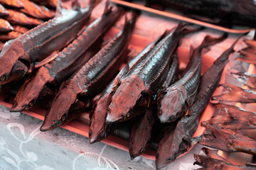 Smoked fish on the shelves of the Volga region. Close-up image