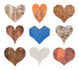 Set of nine angular hearts with textures. The collection includes: rusty metal and iron walls. Perfect for design.