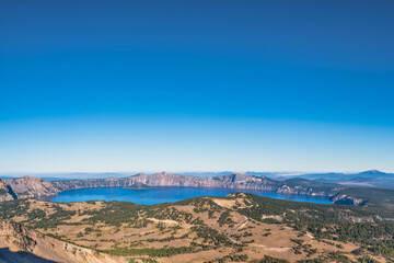 Vast panoramic view of large volcanic lake.