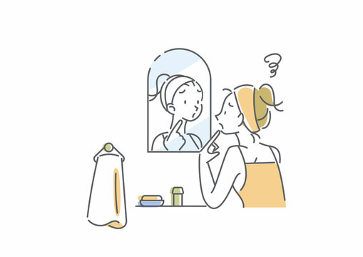 洗面台で鏡を見る若い女性　スキンケア　シンプルでお洒落な線画イラスト