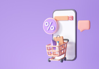 Concept for an online shopping application, e-commerce, smartphone shopping, and promotion icons. 3d render illustration