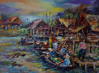 Fototapeta na wymiar Art painting Oil color Floating market Thai land , countryside