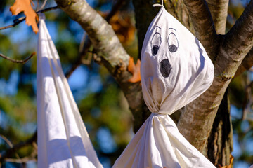 Close-up view of bed sheet ghost hanging in tree