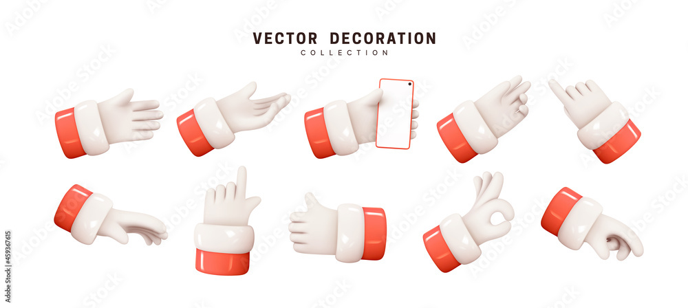 Poster hands of santa claus. set of realistic 3d design in cartoon style. hand shows different gestures sig