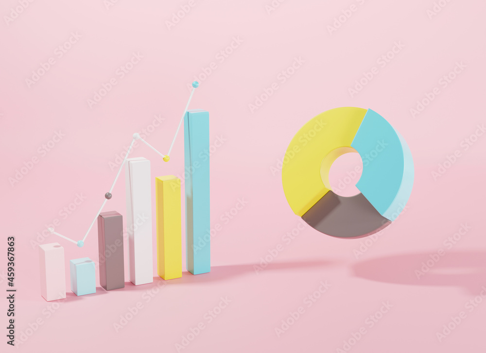 Poster bar and donut chart graph growth diagram infographics elements on pink background, business info cub