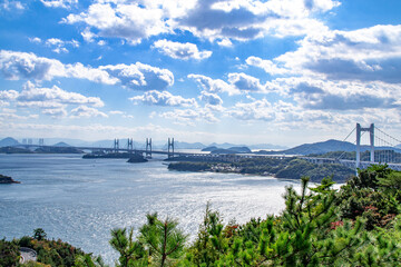 瀬戸大橋とキラキラと輝く海面の風景　岡山県倉敷市 The view of Seto Ohashi bridge at Setonaikai, Inland Sea of Japan, in Kurashiki city, Okayama pref. Japan 