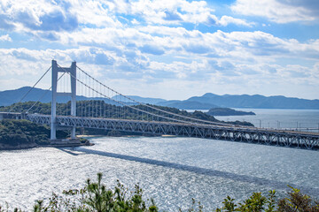 下津井瀬戸大橋と輝く海面　岡山県倉敷市 The view of Seto Ohashi bridge at Setonaikai, Inland Sea of Japan, in Kurashiki city, Okayama pref. Japan 
