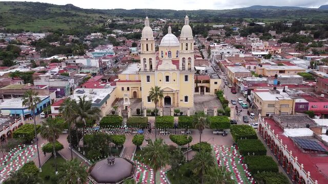 aerial shot of the church and the main garden of union of tula jalisco mexico
