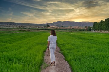 woman cleaning by landscape of rice fields.