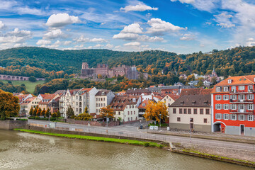 Heidelberg Germany, city skyline at Heidelberg Palace and Neckar river with autumn foliage season