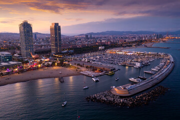Fototapeta na wymiar Scenic aerial panoramic view of modern Barcelona cityscape on Mediterranean coast with marina at summer twilight, Spain