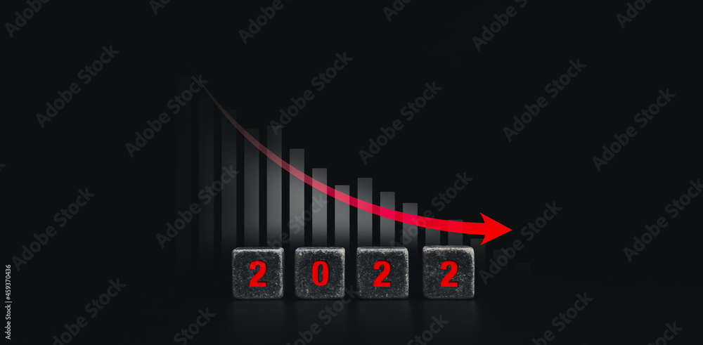 Poster 2022 new year and economic crisis concept banner with red 2022 year numbers on black dice blocks and