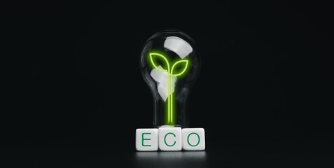 Energy saving, eco-friendly concept banner. Creative glowing green leaf inside the light bulb and...