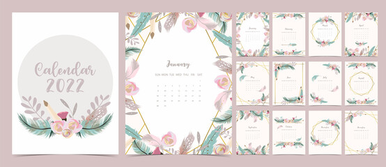 2022 table calendar week start on Sunday with feather and flower that use for vertical digital and printable A4 A5 size