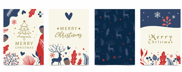 Collection of winter background set with tree,raindeer,flower,leaves.Editable vector illustration for christmas invitation,postcard and website banner - Powered by Adobe