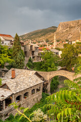 Mostar Old Town cityscape at sunset, BiH