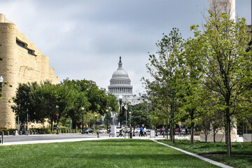 Washington, DC, USA - September 18, 2021: United States Capitol Building as seen from Maryland Avenue with the American Indian Museum in the Foreground
