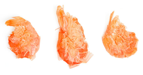 Top view big size dry shrimps on white background.
