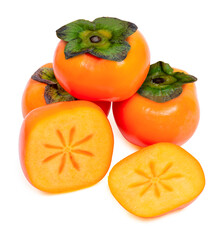 fresh ripe persimmons fruit with slice on white background