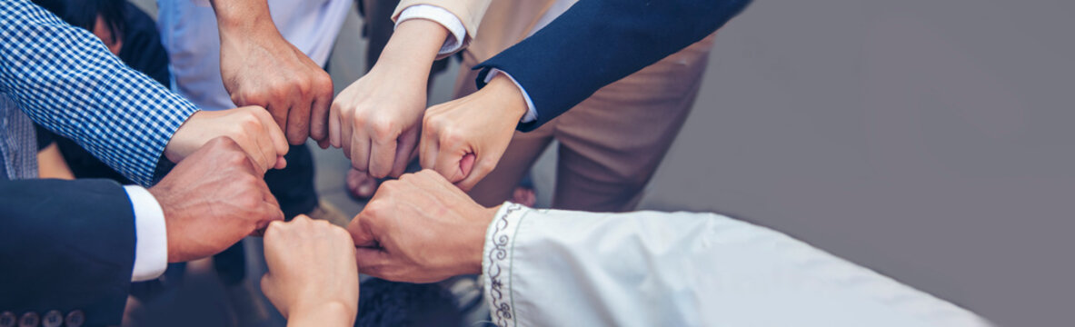 Banner Diverse Multiethnic Partners Hands Together Teamwork Group Of Multi Racial People Meeting Join Hands Togetherness. Panorama Diversity People Hands Join Empower Partner Team Volunteer Community