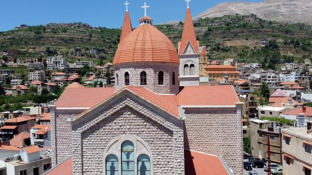 Close Up Look On The Exterior Of Saint Saba Cathedral In Bsharri, Lebanon. drone ascend
