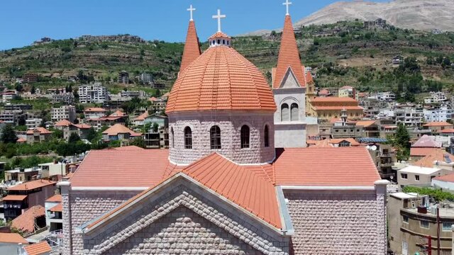 Exterior Detail Of Saint Saba Cathedral In Bsharri, Lebanon. drone ascend