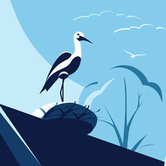 A stork sitting in a nest on the roof of a house. Vector illustration