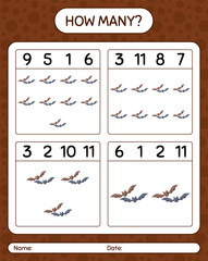 How many counting game with bat. worksheet for preschool kids, kids activity sheet
