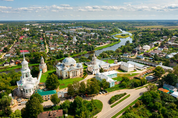 Cityscape of Torzhok, Russia. Borisoglebsky monastery and Church of the Annunciation of the Blessed Virgin visible from above.