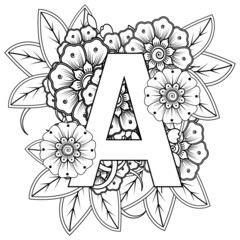 Letter A with Mehndi flower. decorative ornament in ethnic oriental style. coloring book page. 