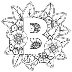 Letter B with Mehndi flower. decorative ornament in ethnic oriental style. coloring book page. 