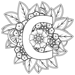 Letter C with Mehndi flower. decorative ornament in ethnic oriental style. coloring book page. 