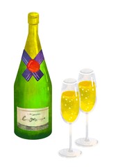 シャンパン　グラスとボトル