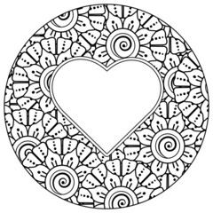 mehndi flower with frame in shape of heart. decoration in ethnic oriental, doodle ornament.

Circular pattern in the form of mandala with flower for henna, mehndi, tattoo, decoration. 
Outline square 