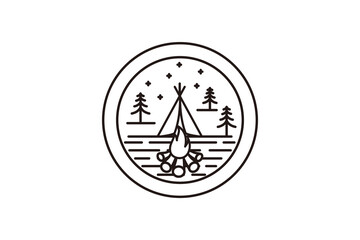 Summer camp badge logo design in line art style