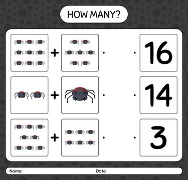 How many counting game with spider. worksheet for preschool kids, kids activity sheet